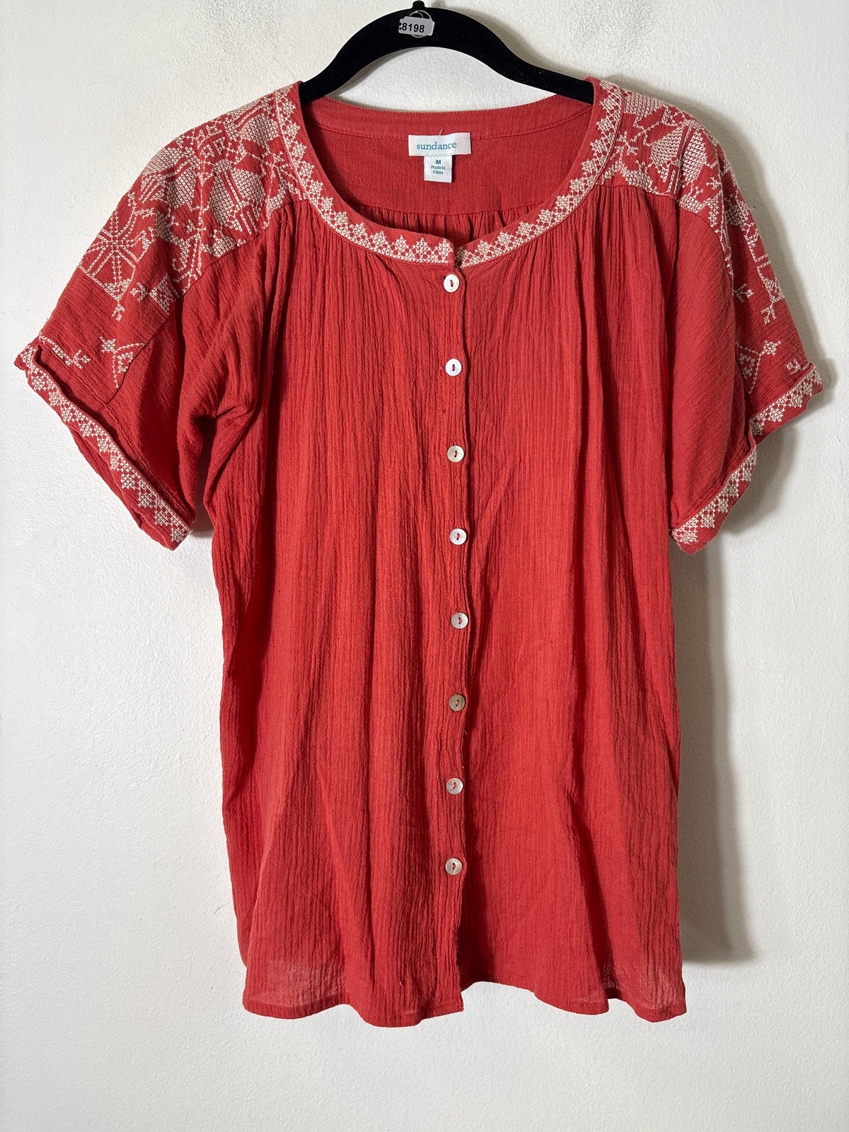 Sundance Coral Embroidered Button Up Shirt Sz M